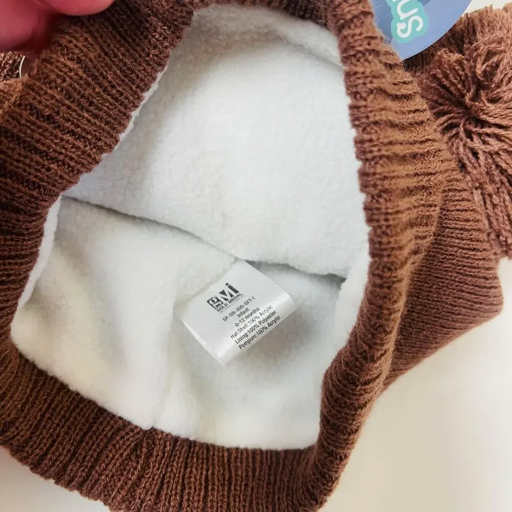 Snuggle Buds Infant Hat & Thumbless Mitten‎ Set Knitted Cute Baby Bear Hat 0-12m